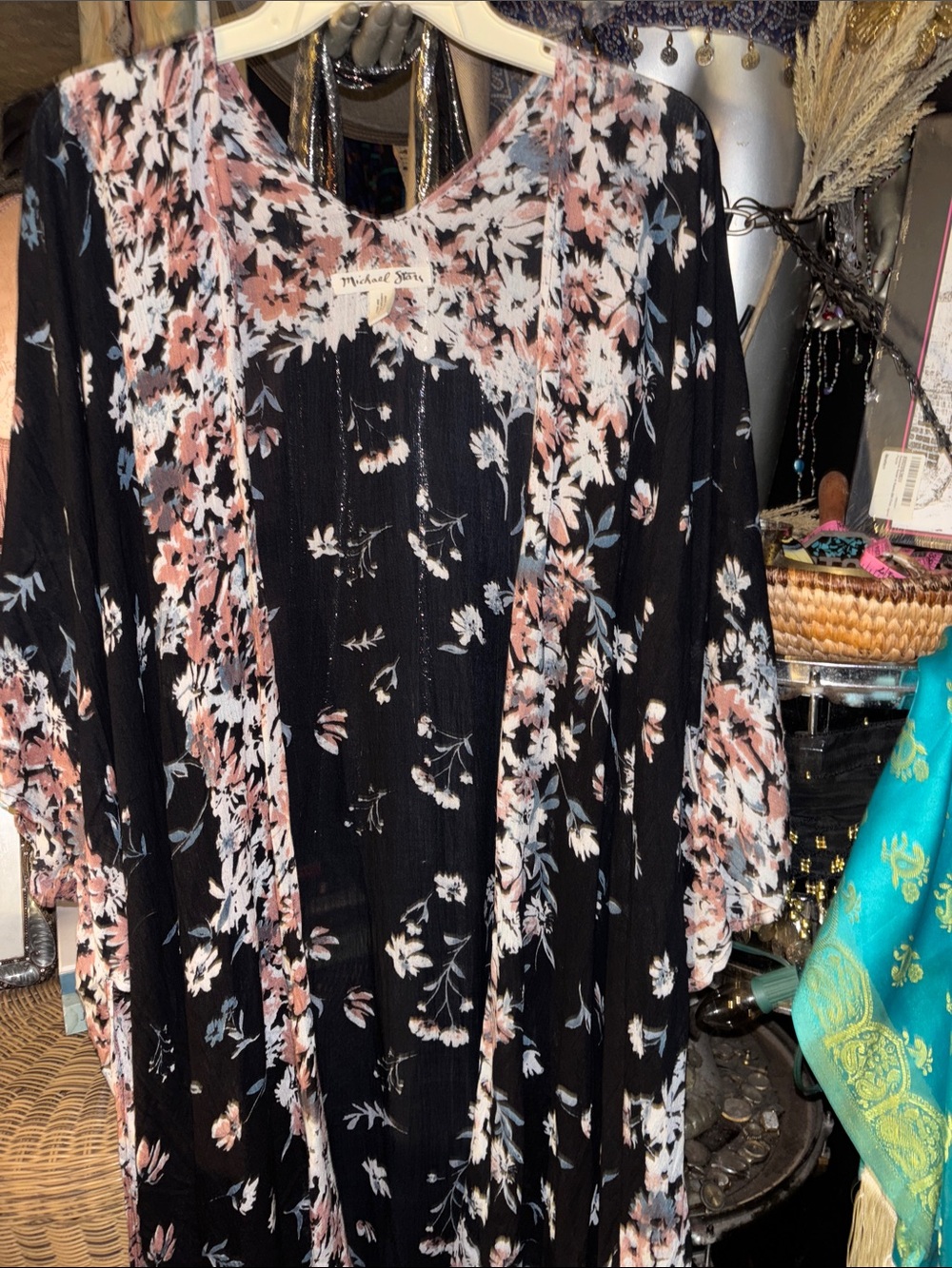 Michael Stars Black Floral Open-Front Kimono Tunic